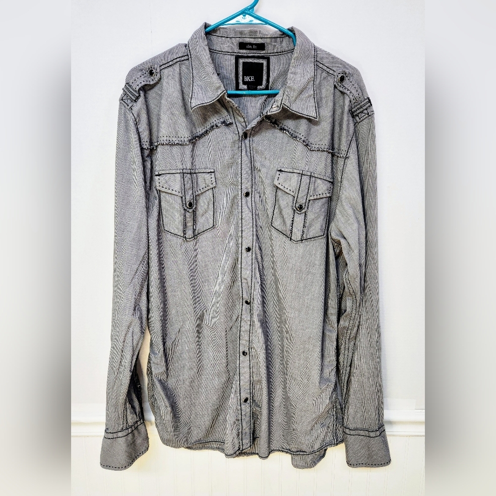 BKE Men’s XXL Slim Fit Pearl Snap Long Sleeve Gray Pin Stipe Western Shirt
